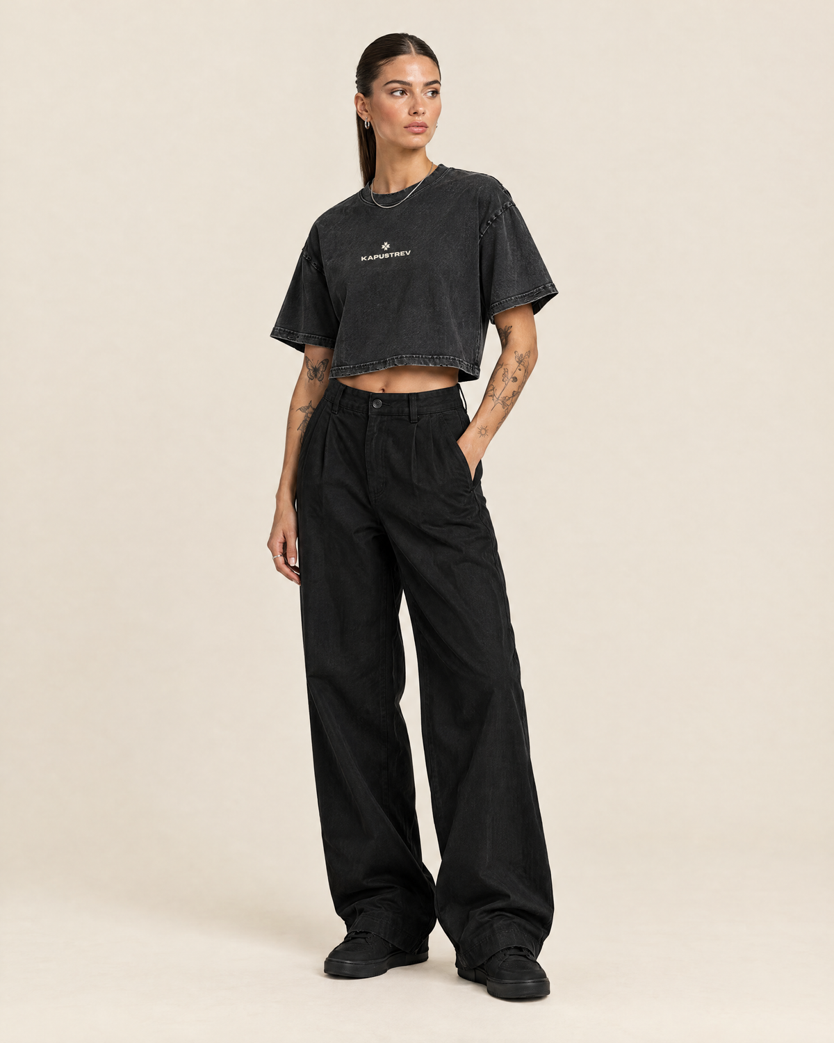 Women's Mineral Wash Cotton Crop T-Shirt on model - KAPUSTREV