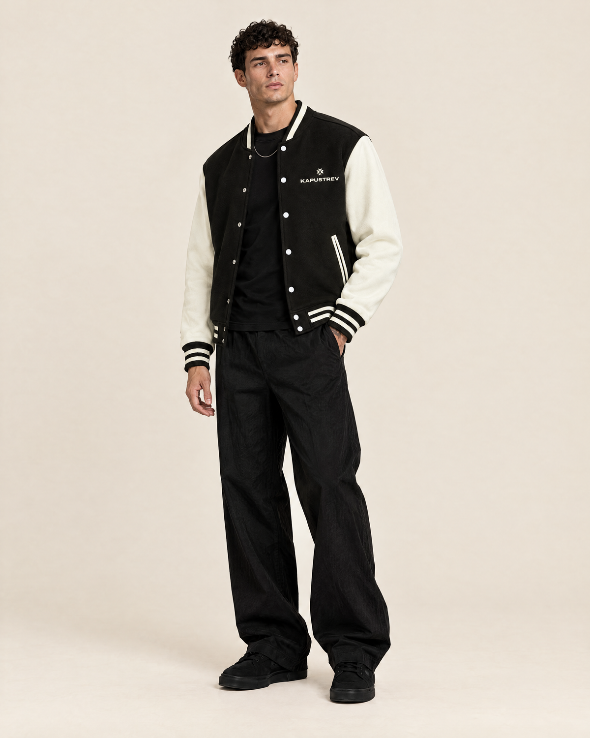 Two-Tone Fleeced Varsity Jacket on model - KAPUSTREV