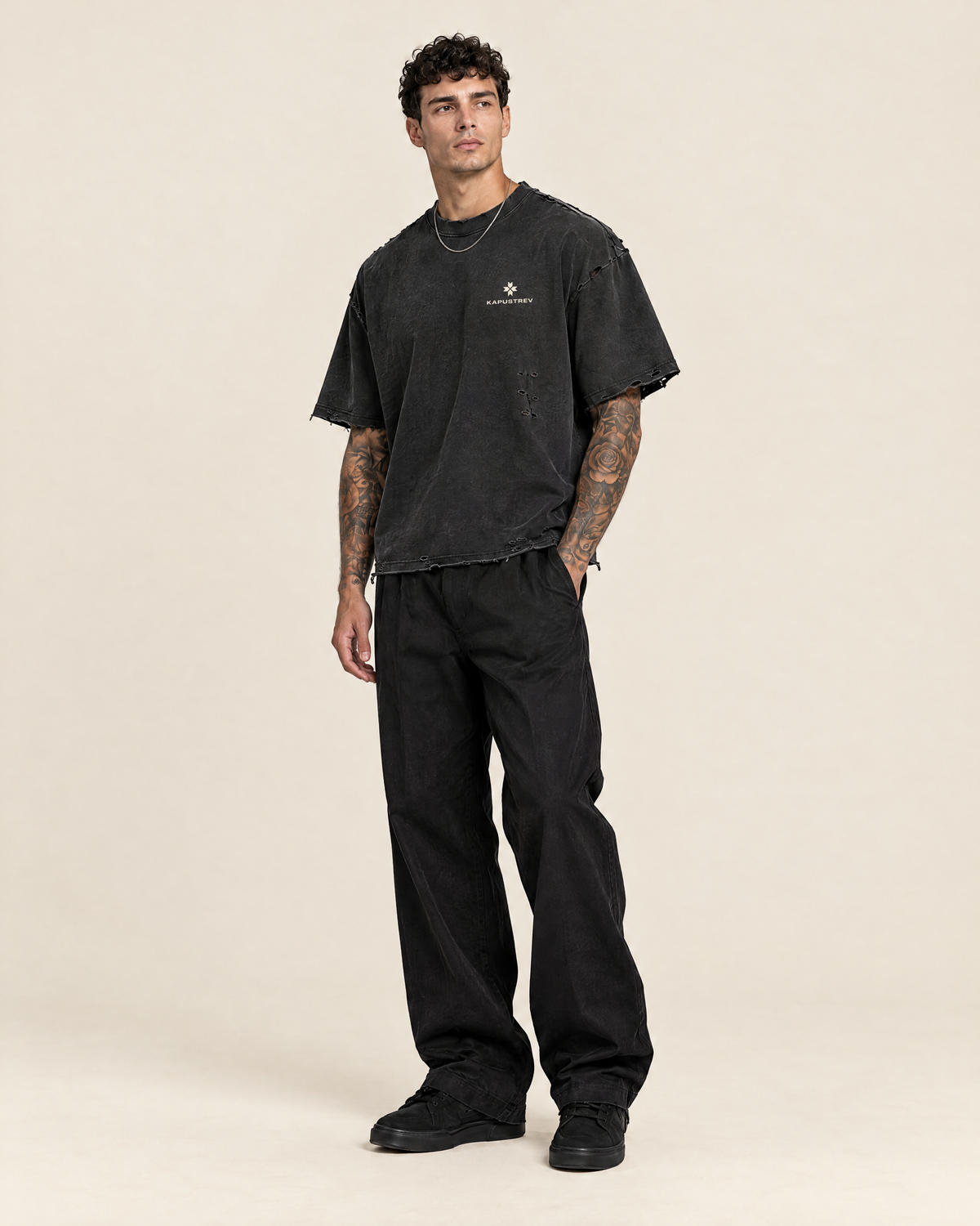Snow Wash Raw-Hem Boxy T-shirt on model - KAPUSTREV