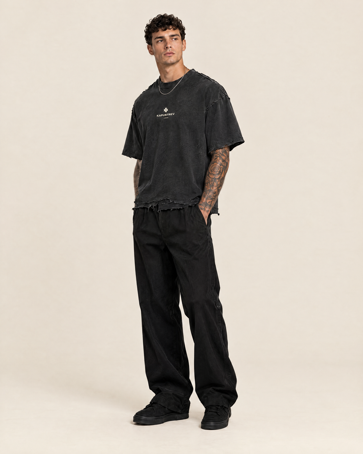 Vintage Wash Boxy Distressed Hem T-Shirt on model - KAPUSTREV