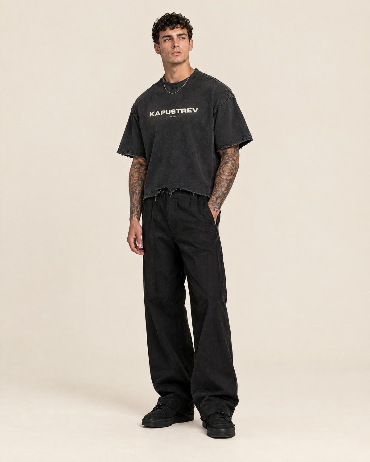 Vintage Wash Boxy Distressed Hem T-Shirt on model - KAPUSTREV